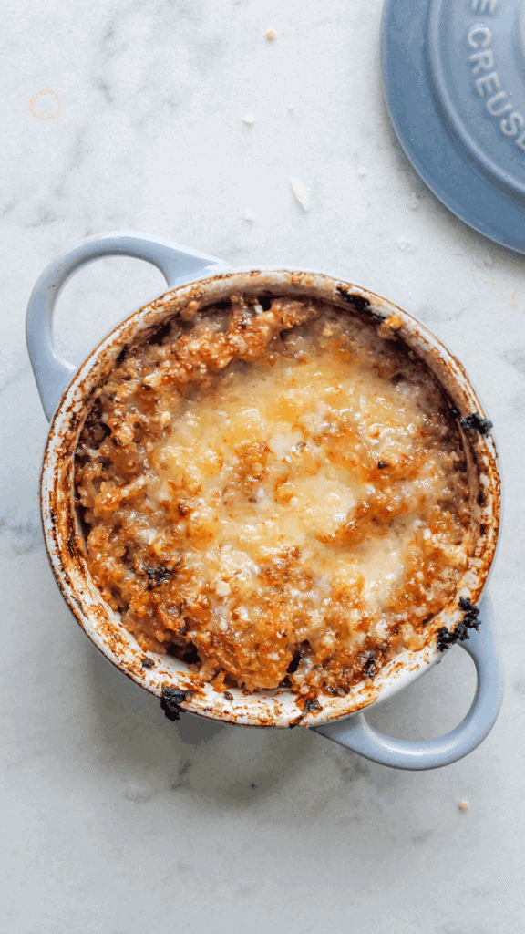 cocotte french onion pastina from above