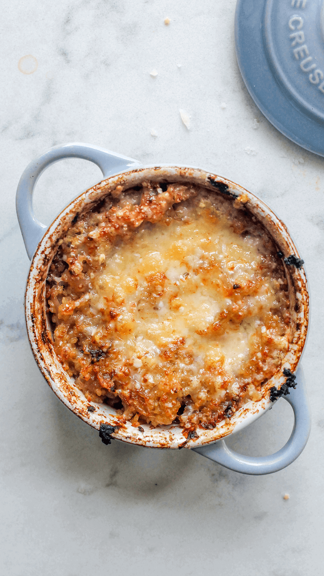 cocotte french onion pastina from above
