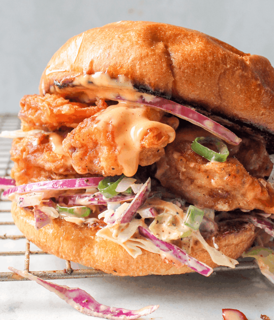 stacked crispy shrimp sandwich
