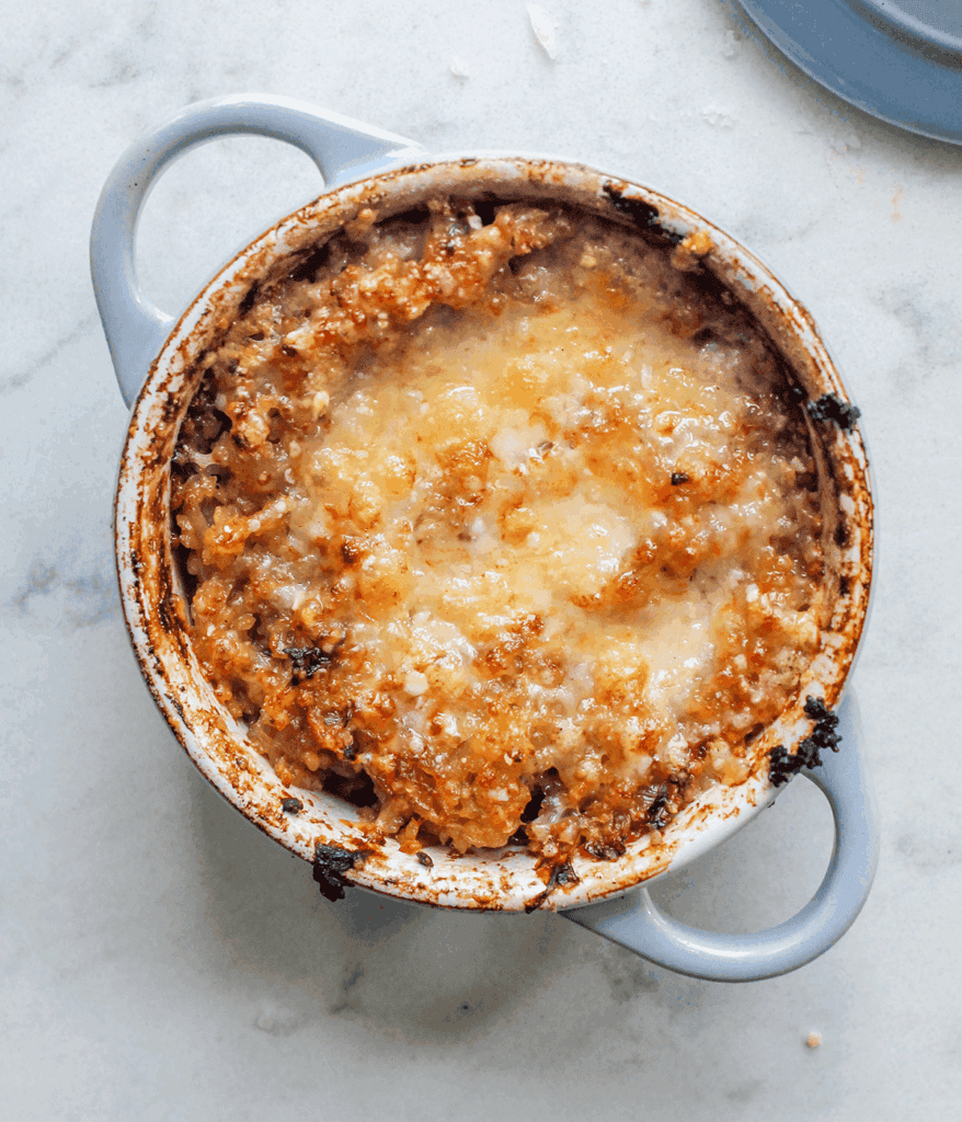 cocotte french onion pastina from above