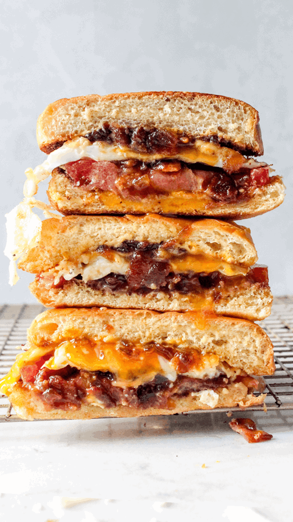 stacked egg sandwich with bacon jam