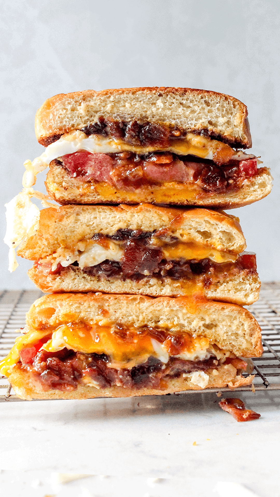 stacked egg sandwich with bacon jam