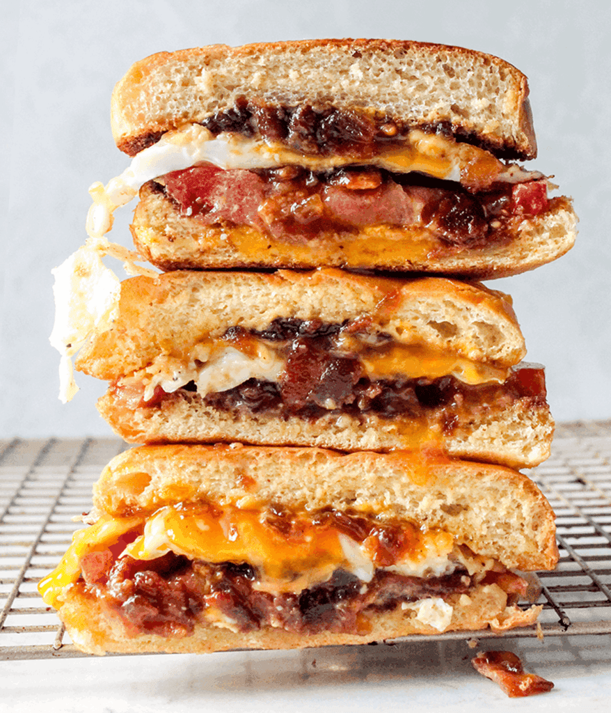 stacked egg sandwich with bacon jam